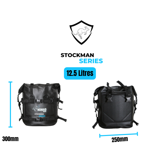 Stockman series 12.5L motorcycle luggage with dimensions