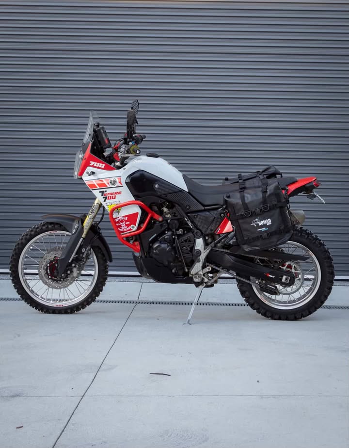 Adventure motorcycle with waterproof soft panniers